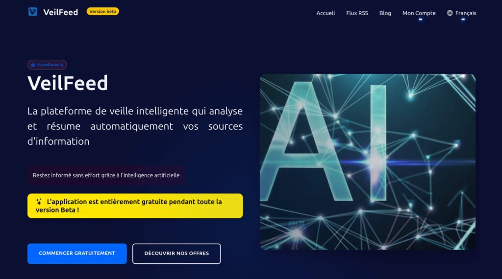Interface de VeilFeed, plateforme de veille intelligente.