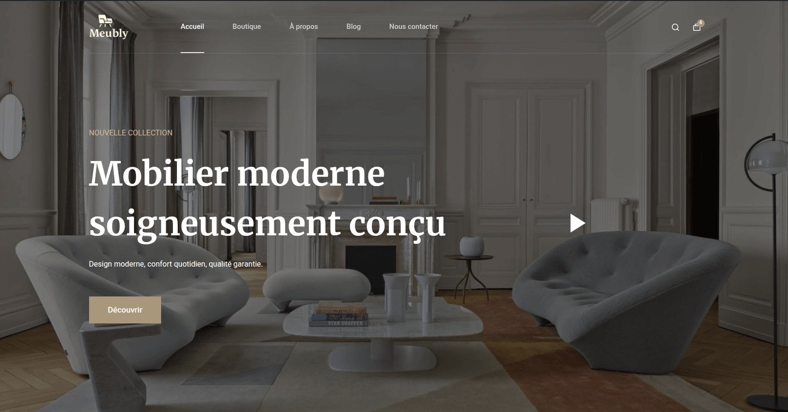 Page d’accueil de Meubly, boutique de meubles modernes.